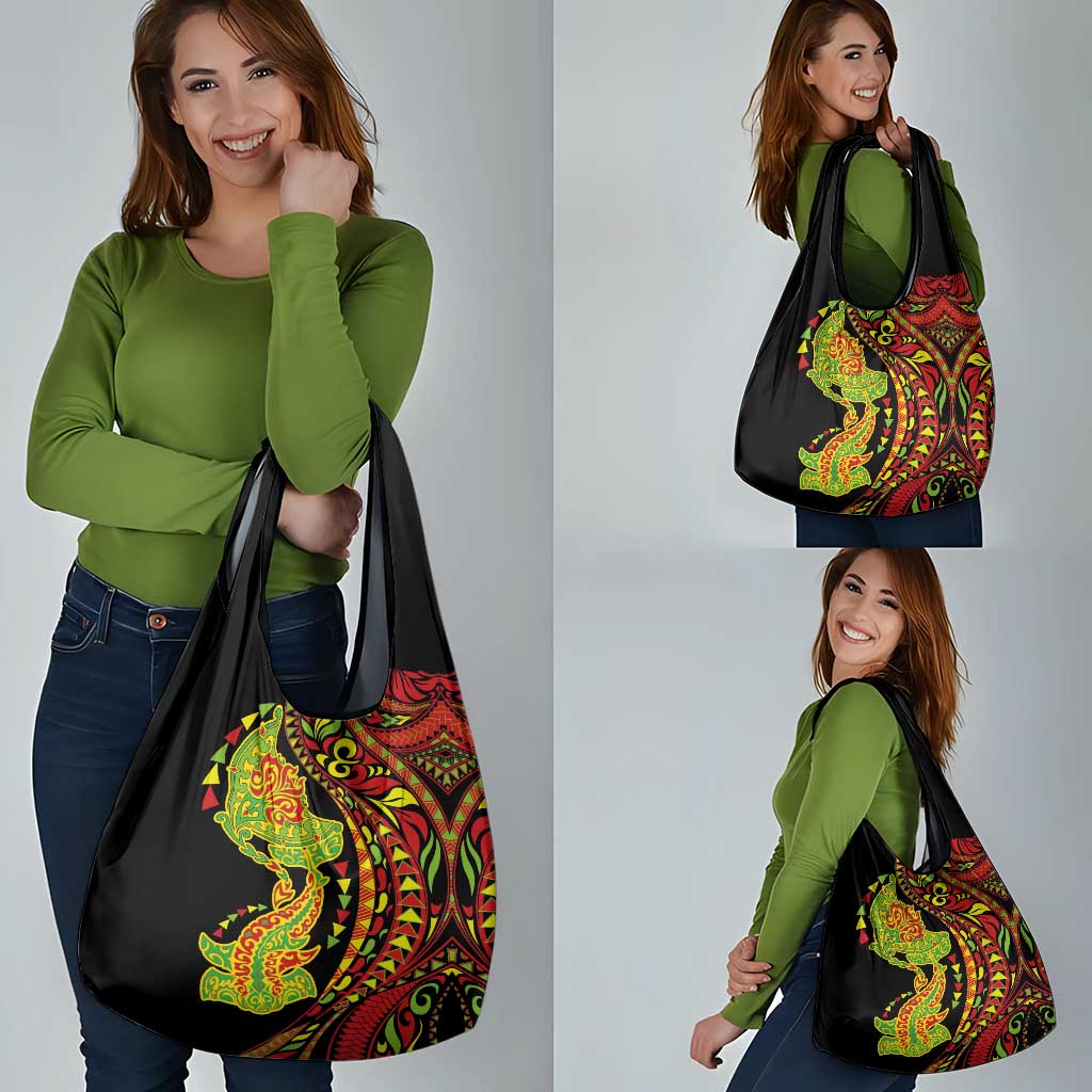 Hawaiian Manta Ray and Hammerhead Shark Tribal Tattoo Grocery Bag with Polynesian Tribal Pattern Kanaka Maoli Flag Color
