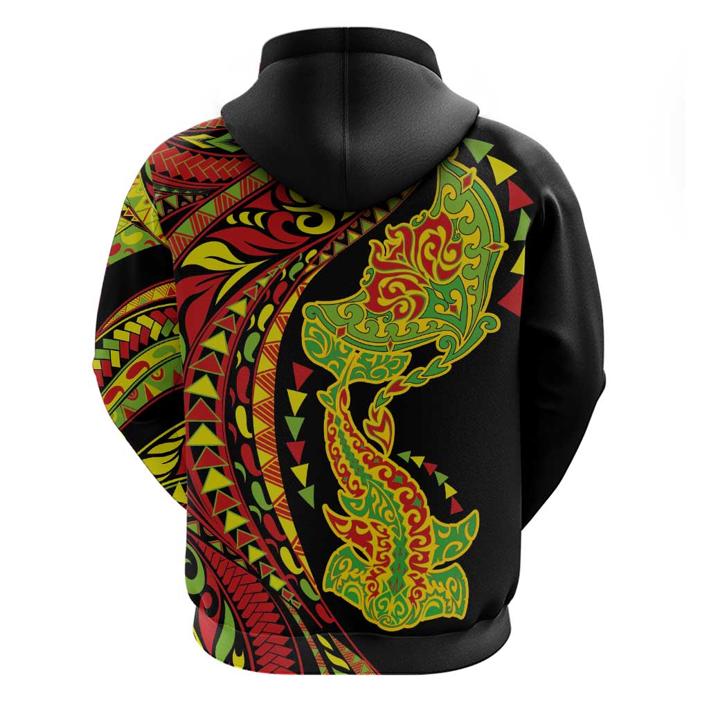 Hawaiian Manta Ray and Hammerhead Shark Tribal Tattoo Hoodie with Polynesian Tribal Pattern Kanaka Maoli Flag Color