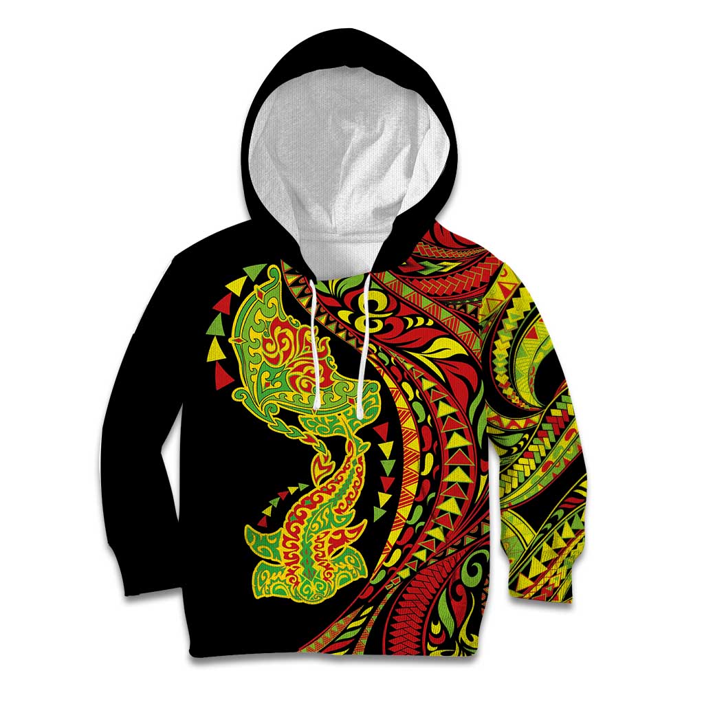 Hawaiian Manta Ray and Hammerhead Shark Tribal Tattoo Kid Hoodie with Polynesian Tribal Pattern Kanaka Maoli Flag Color