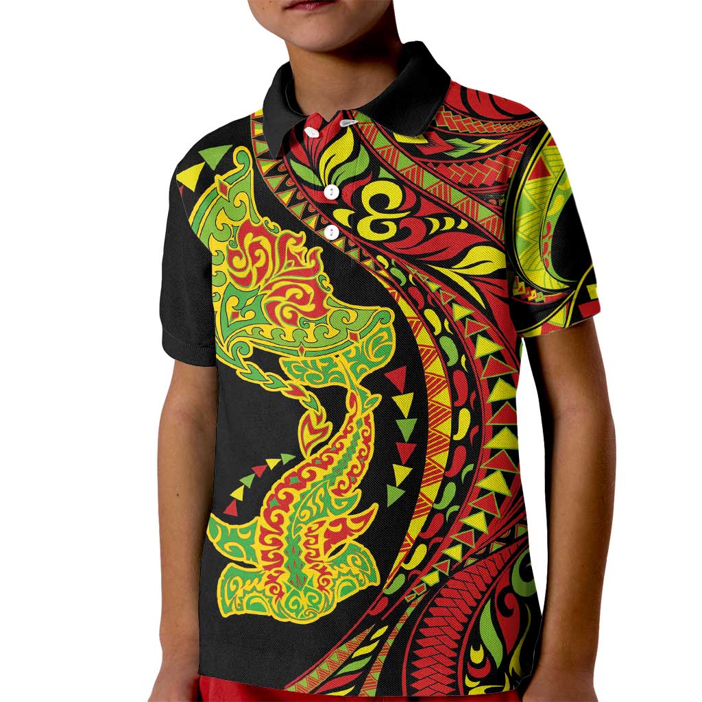 Hawaiian Manta Ray and Hammerhead Shark Tribal Tattoo Kid Polo Shirt with Polynesian Tribal Pattern Kanaka Maoli Flag Color