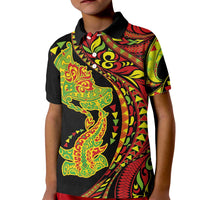 Hawaiian Manta Ray and Hammerhead Shark Tribal Tattoo Kid Polo Shirt with Polynesian Tribal Pattern Kanaka Maoli Flag Color