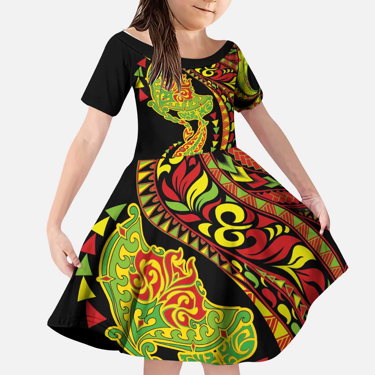 Hawaiian Manta Ray and Hammerhead Shark Tribal Tattoo Kid Short Sleeve Dress with Polynesian Tribal Pattern Kanaka Maoli Flag Color LT03 KID Multicolor - Polynesian Pride