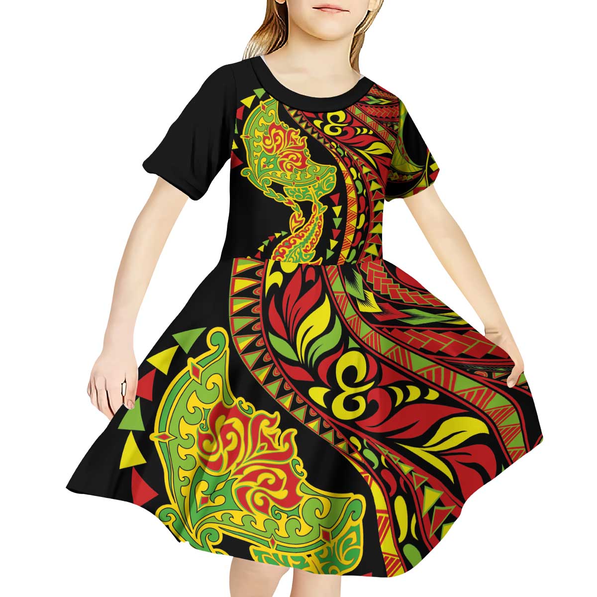 Hawaiian Manta Ray and Hammerhead Shark Tribal Tattoo Kid Short Sleeve Dress with Polynesian Tribal Pattern Kanaka Maoli Flag Color LT03 - Polynesian Pride