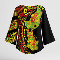 Hawaiian Manta Ray and Hammerhead Shark Tribal Tattoo Kimono Sleeve Blouse with Polynesian Tribal Pattern Kanaka Maoli Flag Color