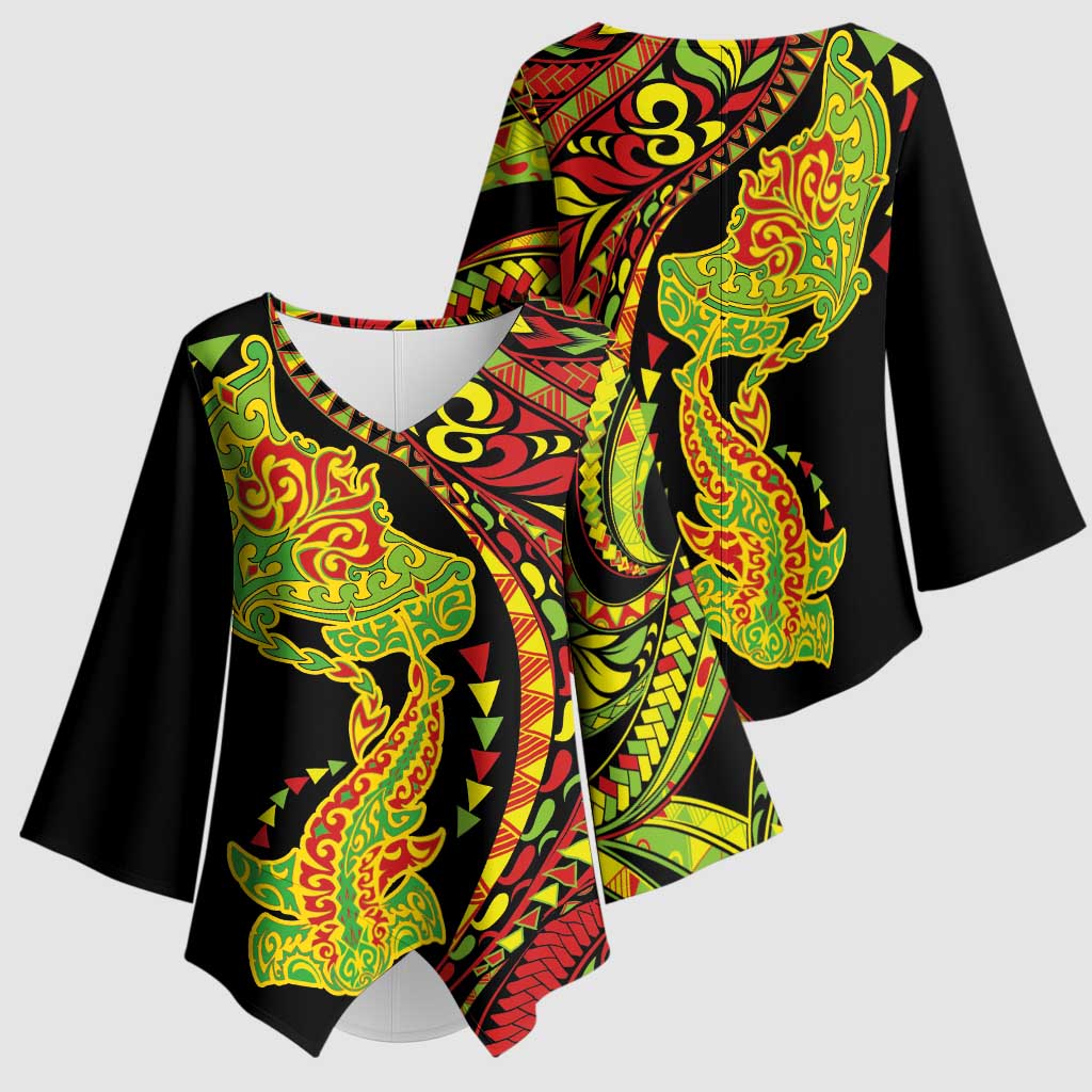 Hawaiian Manta Ray and Hammerhead Shark Tribal Tattoo Kimono Sleeve Blouse with Polynesian Tribal Pattern Kanaka Maoli Flag Color
