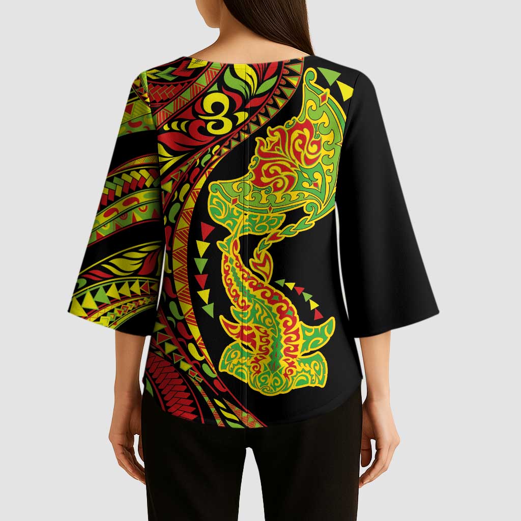 Hawaiian Manta Ray and Hammerhead Shark Tribal Tattoo Kimono Sleeve Blouse with Polynesian Tribal Pattern Kanaka Maoli Flag Color