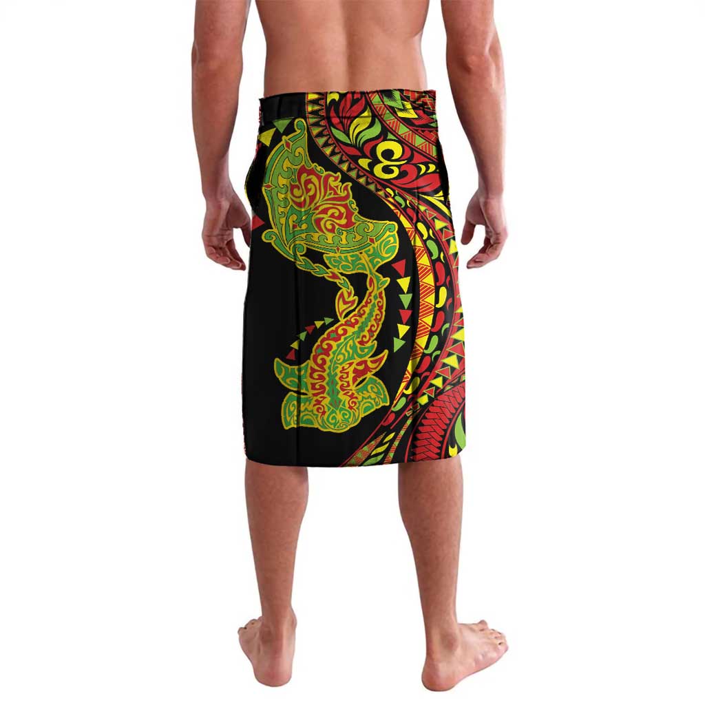 Hawaiian Manta Ray and Hammerhead Shark Tribal Tattoo Lavalava with Polynesian Tribal Pattern Kanaka Maoli Flag Color LT03 - Polynesian Pride