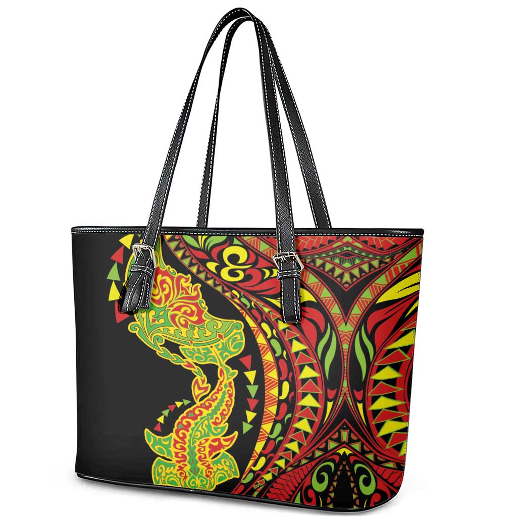 Hawaiian Manta Ray and Hammerhead Shark Tribal Tattoo Leather Tote Bag with Polynesian Tribal Pattern Kanaka Maoli Flag Color