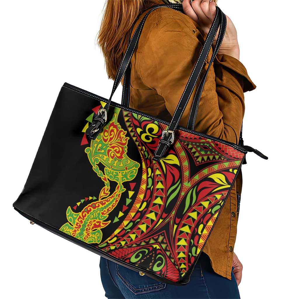 Hawaiian Manta Ray and Hammerhead Shark Tribal Tattoo Leather Tote Bag with Polynesian Tribal Pattern Kanaka Maoli Flag Color