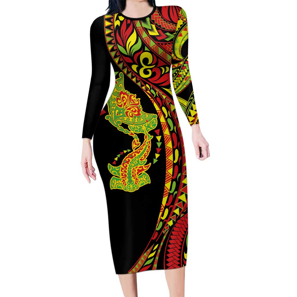 Hawaiian Manta Ray and Hammerhead Shark Tribal Tattoo Long Sleeve Bodycon Dress with Polynesian Tribal Pattern Kanaka Maoli Flag Color LT03 Long Dress Multicolor - Polynesian Pride