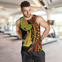 Hawaiian Manta Ray and Hammerhead Shark Tribal Tattoo Men Tank Top with Polynesian Tribal Pattern Kanaka Maoli Flag Color
