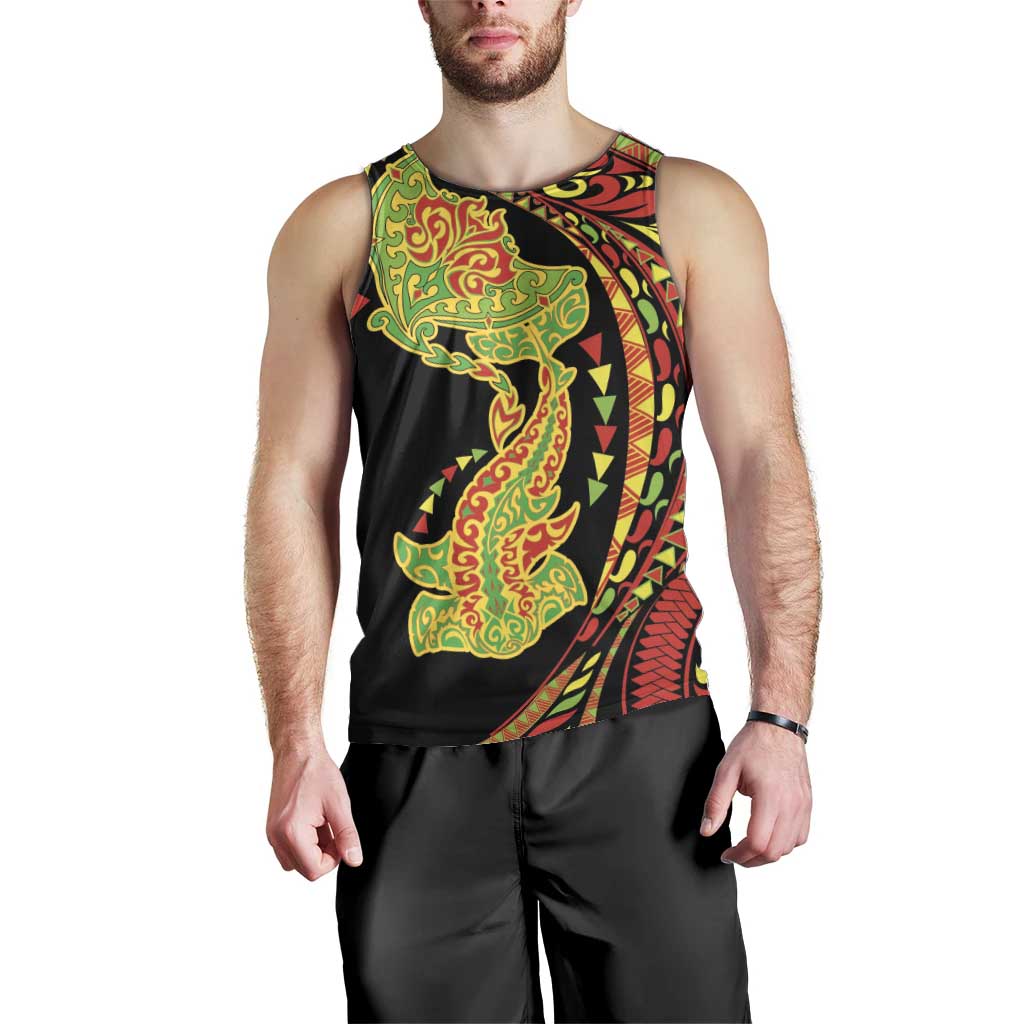 Hawaiian Manta Ray and Hammerhead Shark Tribal Tattoo Men Tank Top with Polynesian Tribal Pattern Kanaka Maoli Flag Color