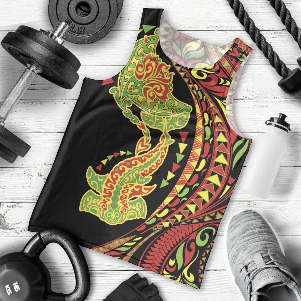 Hawaiian Manta Ray and Hammerhead Shark Tribal Tattoo Men Tank Top with Polynesian Tribal Pattern Kanaka Maoli Flag Color