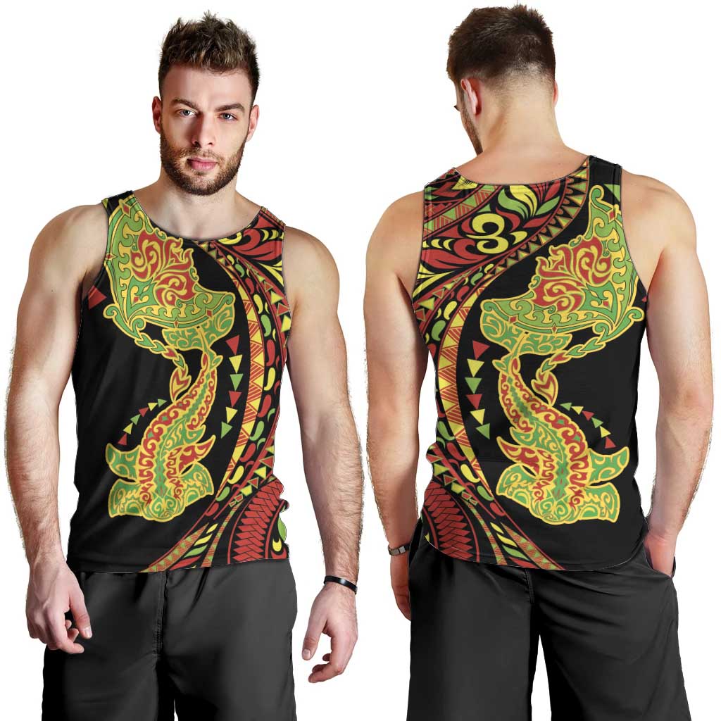 Hawaiian Manta Ray and Hammerhead Shark Tribal Tattoo Men Tank Top with Polynesian Tribal Pattern Kanaka Maoli Flag Color
