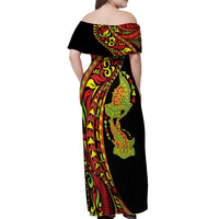 Hawaiian Manta Ray and Hammerhead Shark Tribal Tattoo Off Shoulder Maxi Dress with Polynesian Tribal Pattern Kanaka Maoli Flag Color