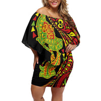 Hawaiian Manta Ray and Hammerhead Shark Tribal Tattoo Off Shoulder Short Dress with Polynesian Tribal Pattern Kanaka Maoli Flag Color