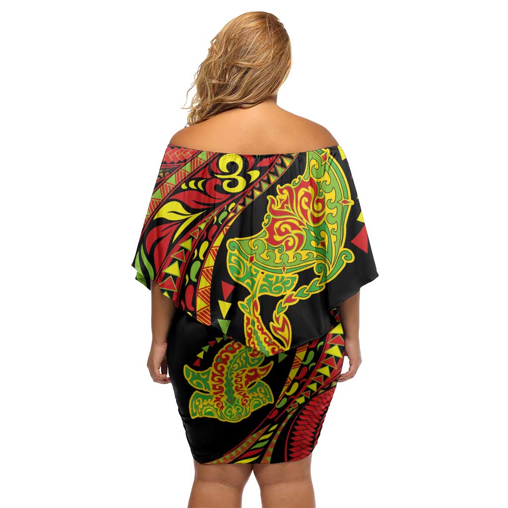 Hawaiian Manta Ray and Hammerhead Shark Tribal Tattoo Off Shoulder Short Dress with Polynesian Tribal Pattern Kanaka Maoli Flag Color