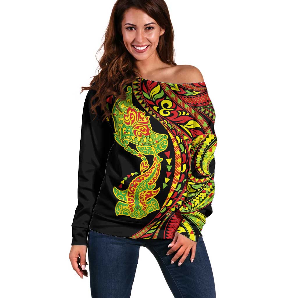 Hawaiian Manta Ray and Hammerhead Shark Tribal Tattoo Off Shoulder Sweater with Polynesian Tribal Pattern Kanaka Maoli Flag Color LT03 Women Multicolor - Polynesian Pride