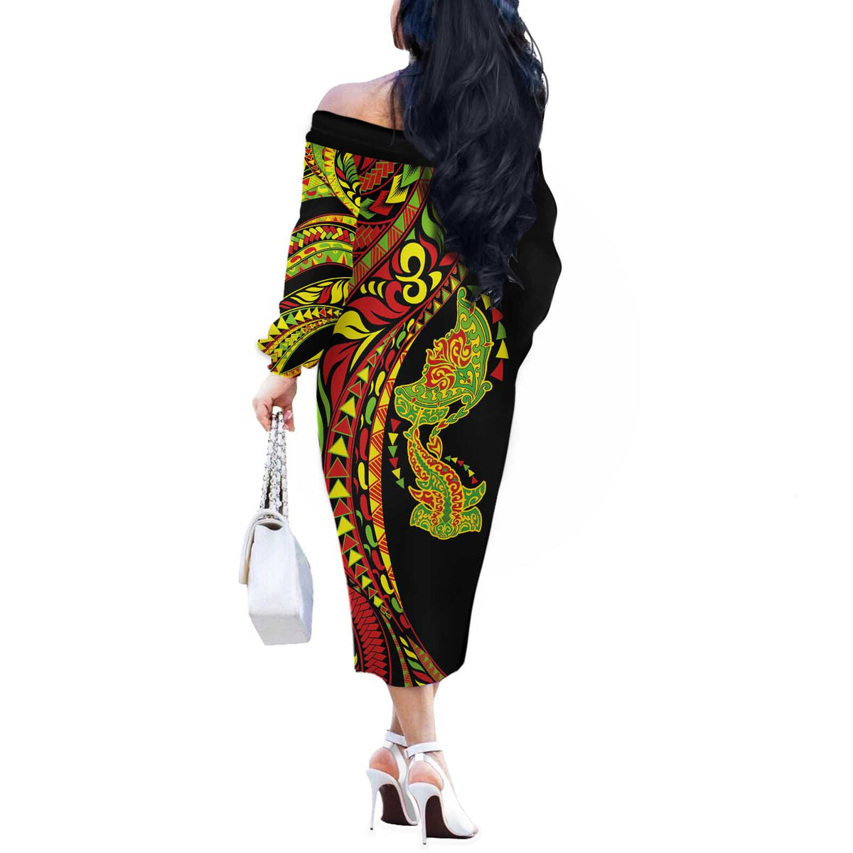 Hawaiian Manta Ray and Hammerhead Shark Tribal Tattoo Off The Shoulder Long Sleeve Dress with Polynesian Tribal Pattern Kanaka Maoli Flag Color LT03 - Polynesian Pride