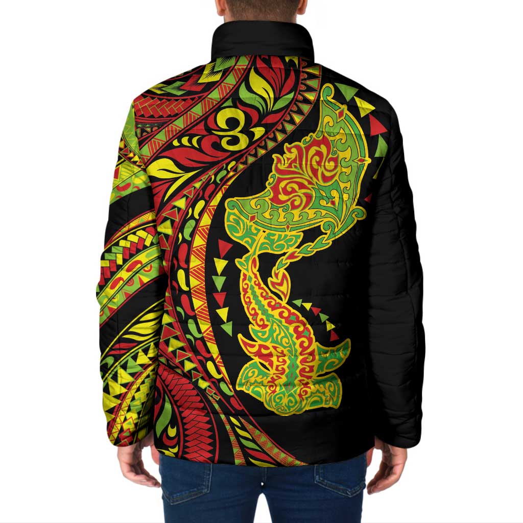 Hawaiian Manta Ray and Hammerhead Shark Tribal Tattoo Padded Jacket with Polynesian Tribal Pattern Kanaka Maoli Flag Color LT03 - Polynesian Pride