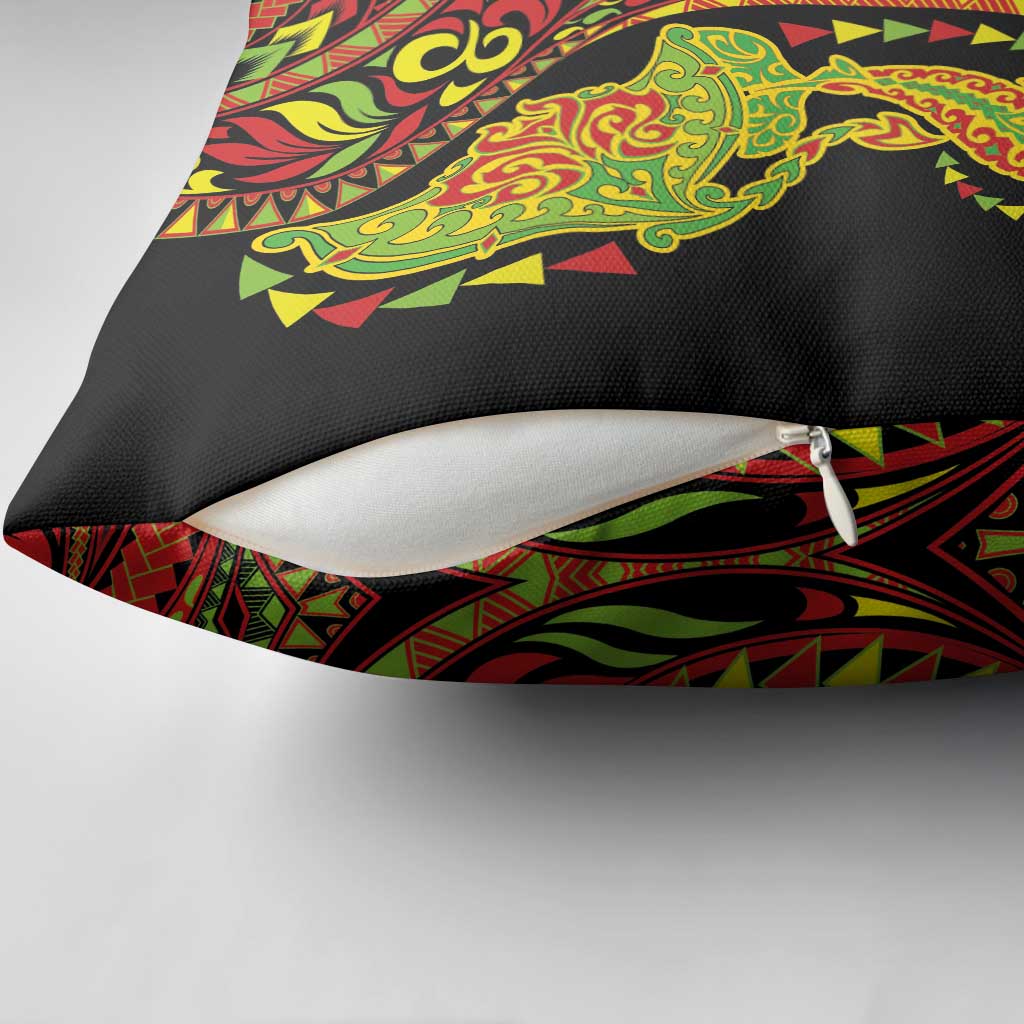 Hawaiian Manta Ray and Hammerhead Shark Tribal Tattoo Pillow Cover with Polynesian Tribal Pattern Kanaka Maoli Flag Color