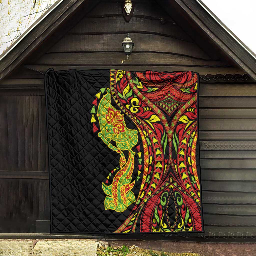 Hawaiian Manta Ray and Hammerhead Shark Tribal Tattoo Quilt with Polynesian Tribal Pattern Kanaka Maoli Flag Color LT03 - Polynesian Pride