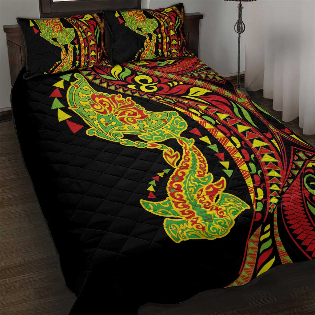 Hawaiian Manta Ray and Hammerhead Shark Tribal Tattoo Quilt Bed Set with Polynesian Tribal Pattern Kanaka Maoli Flag Color LT03 Multicolor - Polynesian Pride