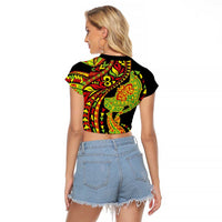 Hawaiian Manta Ray and Hammerhead Shark Tribal Tattoo Raglan Cropped T Shirt with Polynesian Tribal Pattern Kanaka Maoli Flag Color
