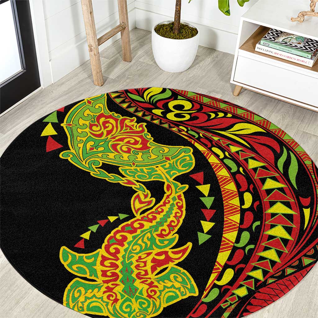 Hawaiian Manta Ray and Hammerhead Shark Tribal Tattoo Round Carpet with Polynesian Tribal Pattern Kanaka Maoli Flag Color LT03 Multicolor - Polynesian Pride