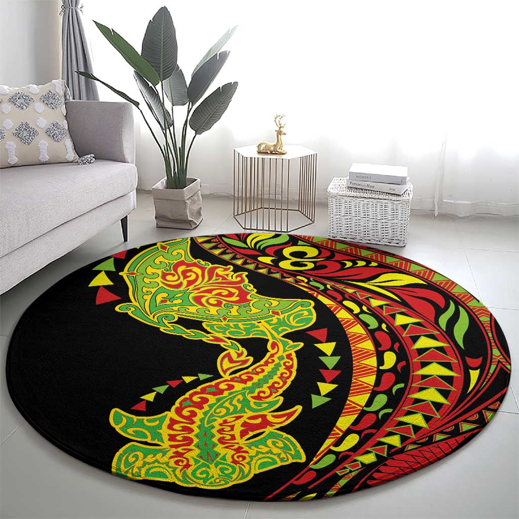 Hawaiian Manta Ray and Hammerhead Shark Tribal Tattoo Round Carpet with Polynesian Tribal Pattern Kanaka Maoli Flag Color LT03 - Polynesian Pride