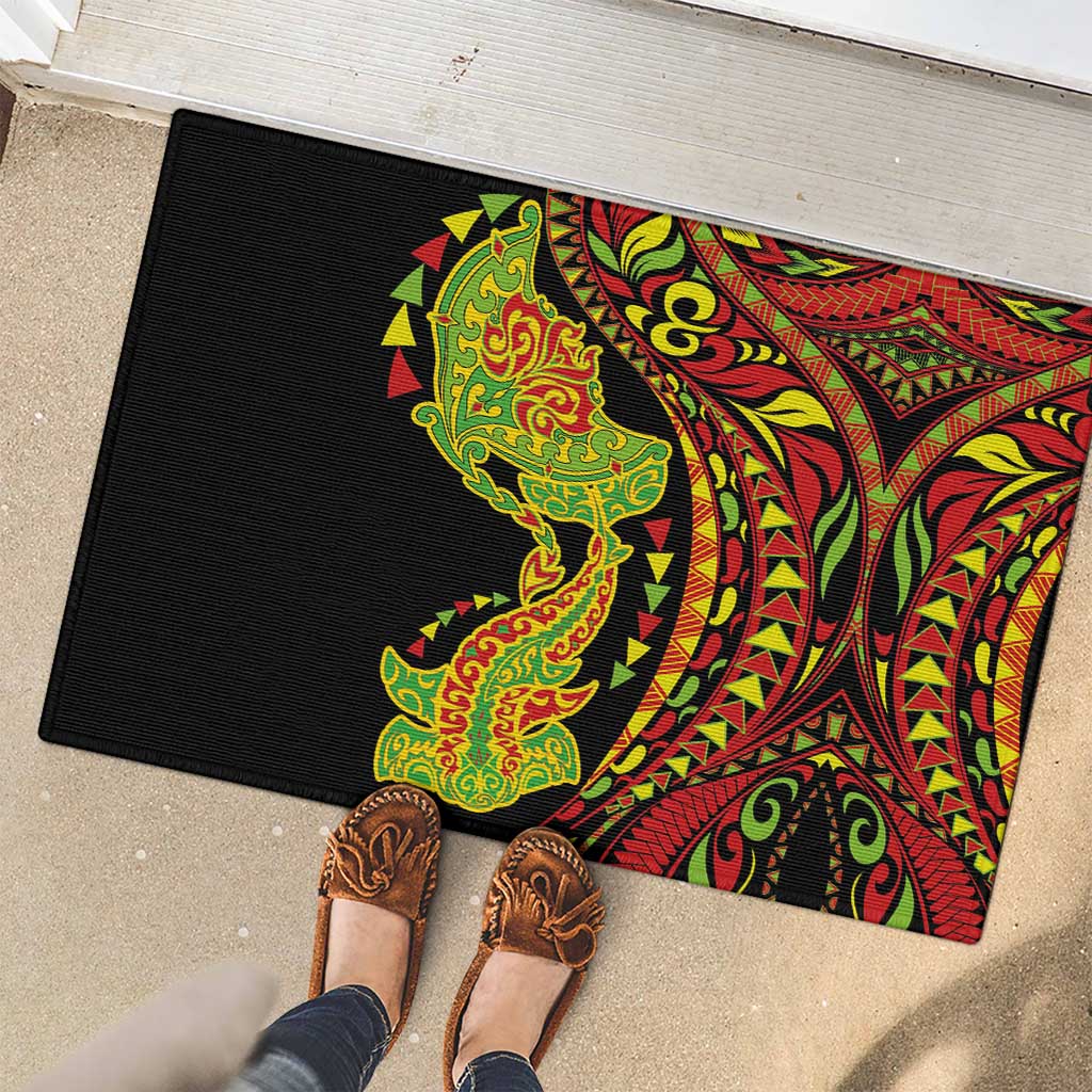 Hawaiian Manta Ray and Hammerhead Shark Tribal Tattoo Rubber Doormat with Polynesian Tribal Pattern Kanaka Maoli Flag Color LT03 - Polynesian Pride