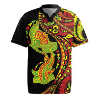 Hawaiian Manta Ray and Hammerhead Shark Tribal Tattoo Rugby Jersey with Polynesian Tribal Pattern Kanaka Maoli Flag Color