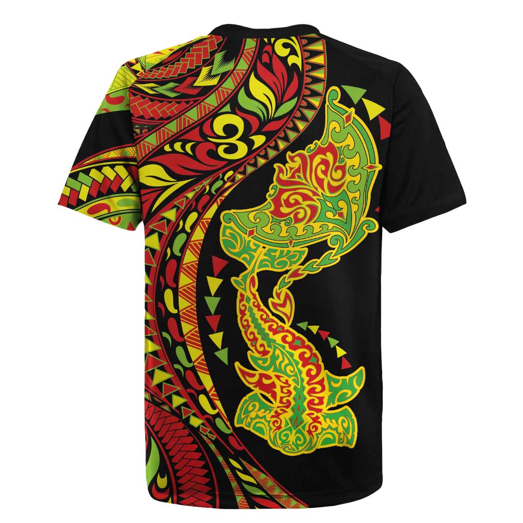 Hawaiian Manta Ray and Hammerhead Shark Tribal Tattoo Rugby Jersey with Polynesian Tribal Pattern Kanaka Maoli Flag Color