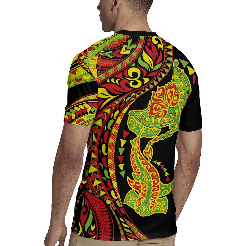 Hawaiian Manta Ray and Hammerhead Shark Tribal Tattoo Rugby Jersey with Polynesian Tribal Pattern Kanaka Maoli Flag Color