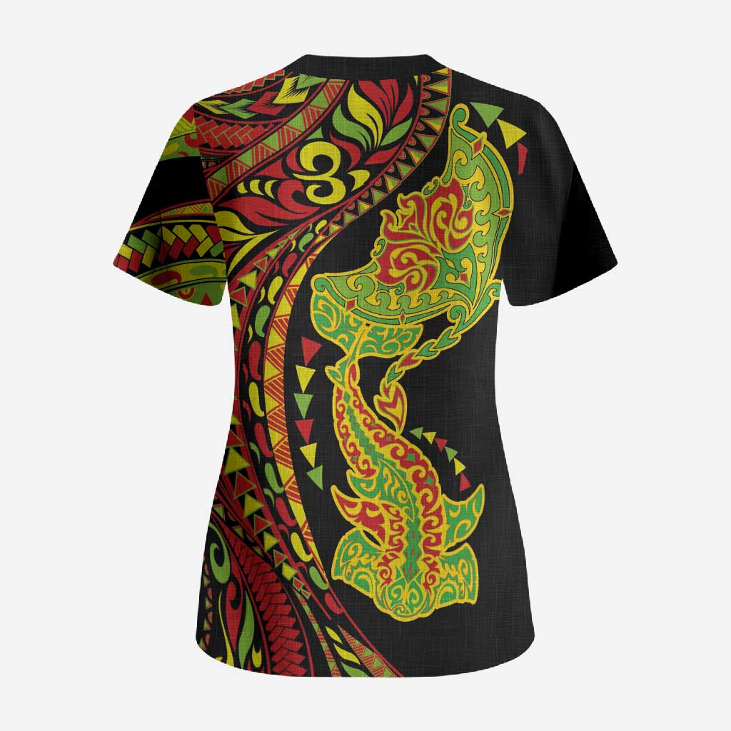 Hawaiian Manta Ray and Hammerhead Shark Tribal Tattoo Scrub Top with Polynesian Tribal Pattern Kanaka Maoli Flag Color LT03 - Polynesian Pride