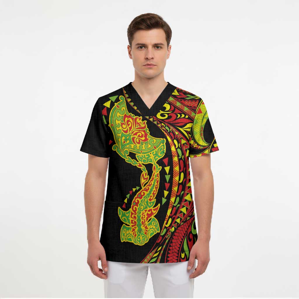 Hawaiian Manta Ray and Hammerhead Shark Tribal Tattoo Scrub Top with Polynesian Tribal Pattern Kanaka Maoli Flag Color LT03 - Polynesian Pride