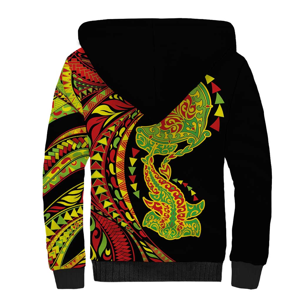 Hawaiian Manta Ray and Hammerhead Shark Tribal Tattoo Sherpa Hoodie with Polynesian Tribal Pattern Kanaka Maoli Flag Color LT03 - Polynesian Pride