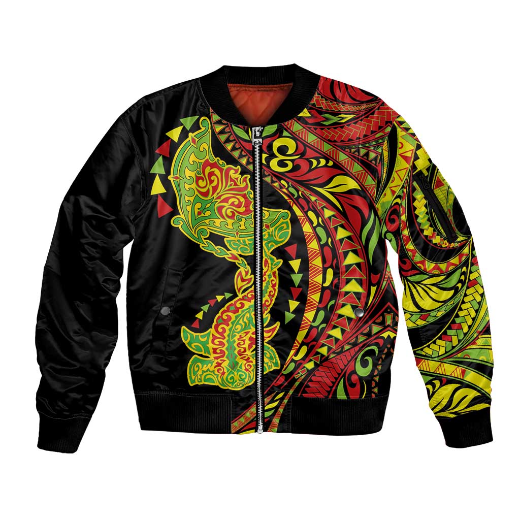 Hawaiian Manta Ray and Hammerhead Shark Tribal Tattoo Sleeve Zip Bomber Jacket with Polynesian Tribal Pattern Kanaka Maoli Flag Color