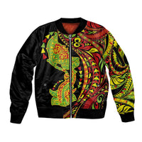Hawaiian Manta Ray and Hammerhead Shark Tribal Tattoo Sleeve Zip Bomber Jacket with Polynesian Tribal Pattern Kanaka Maoli Flag Color LT03 Unisex Multicolor - Polynesian Pride