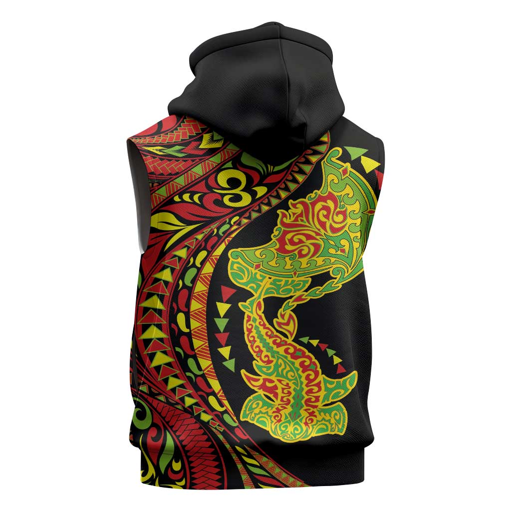 Hawaiian Manta Ray and Hammerhead Shark Tribal Tattoo Sleeveless Hoodie with Polynesian Tribal Pattern Kanaka Maoli Flag Color