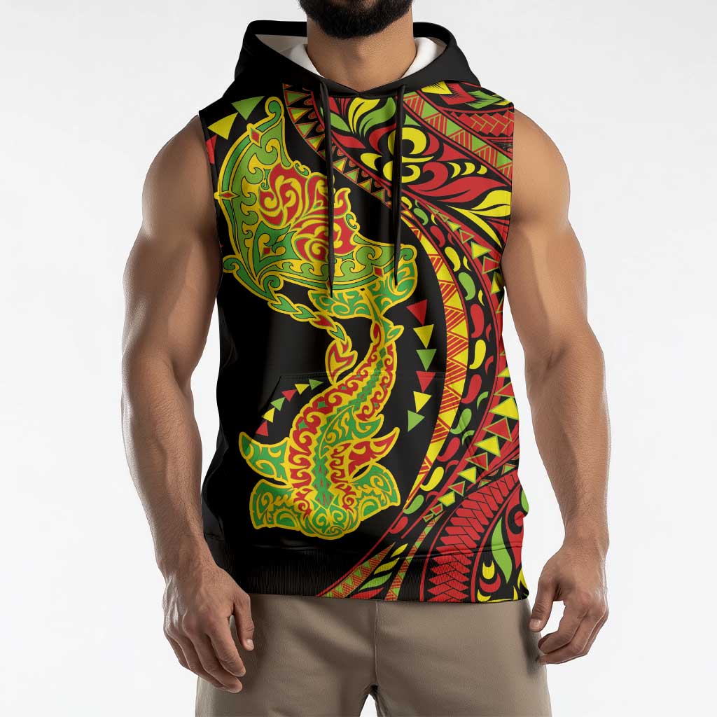 Hawaiian Manta Ray and Hammerhead Shark Tribal Tattoo Sleeveless Hoodie with Polynesian Tribal Pattern Kanaka Maoli Flag Color