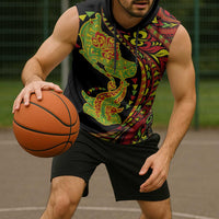 Hawaiian Manta Ray and Hammerhead Shark Tribal Tattoo Sleeveless Hoodie with Polynesian Tribal Pattern Kanaka Maoli Flag Color