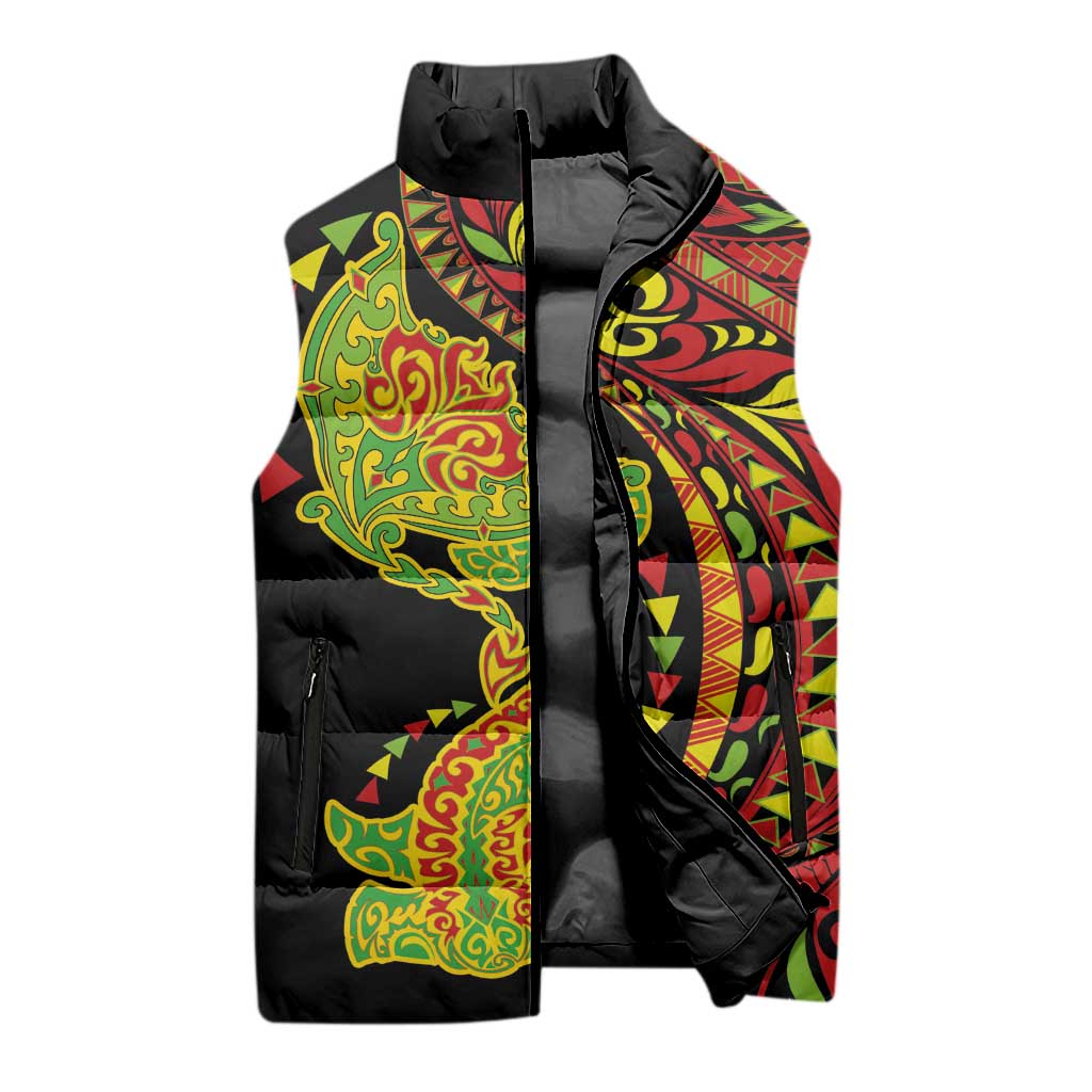 Hawaiian Manta Ray and Hammerhead Shark Tribal Tattoo Sleeveless Puffer Jacket with Polynesian Tribal Pattern Kanaka Maoli Flag Color LT03 - Polynesian Pride