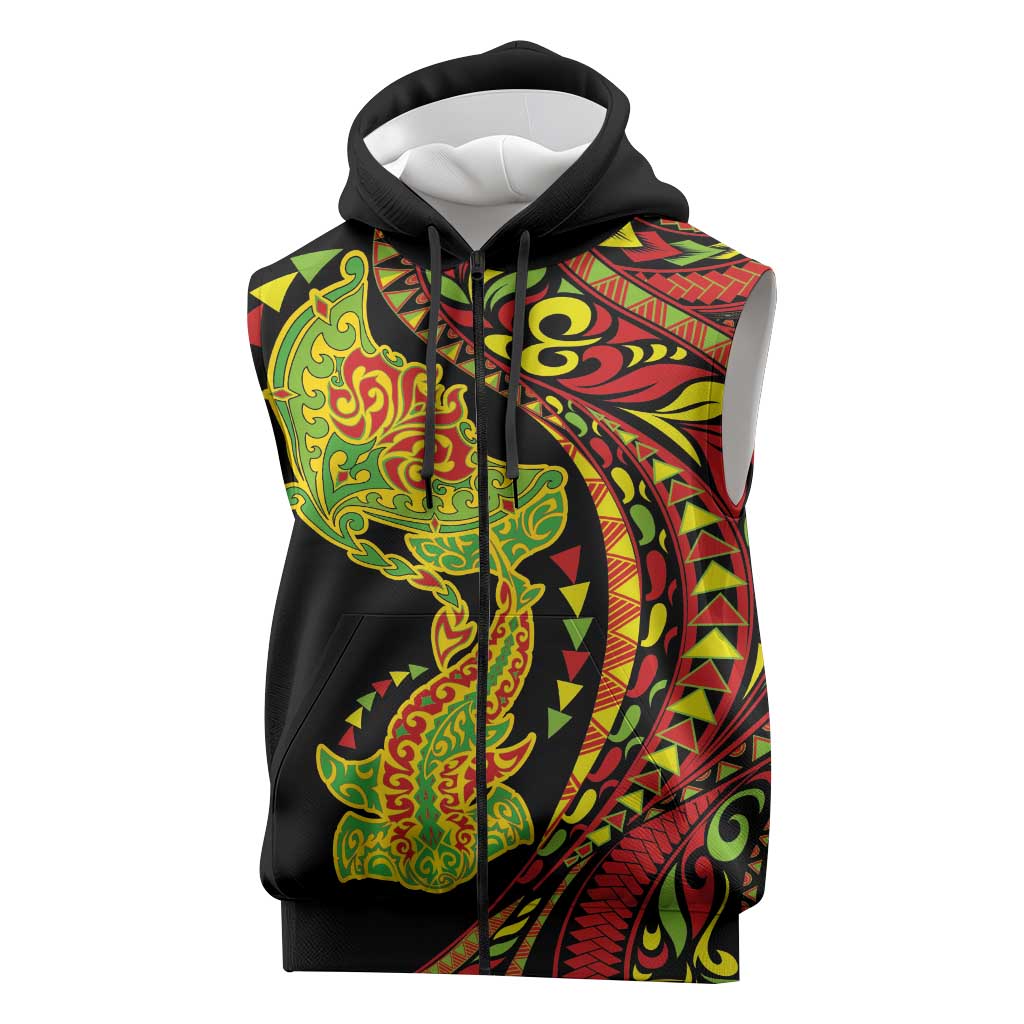 Hawaiian Manta Ray and Hammerhead Shark Tribal Tattoo Sleeveless Zip Hoodie with Polynesian Tribal Pattern Kanaka Maoli Flag Color