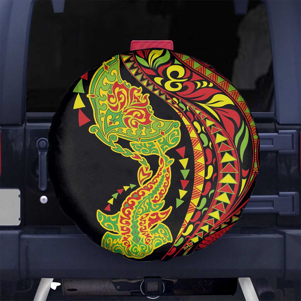 Hawaiian Manta Ray and Hammerhead Shark Tribal Tattoo Spare Tire Cover with Polynesian Tribal Pattern Kanaka Maoli Flag Color