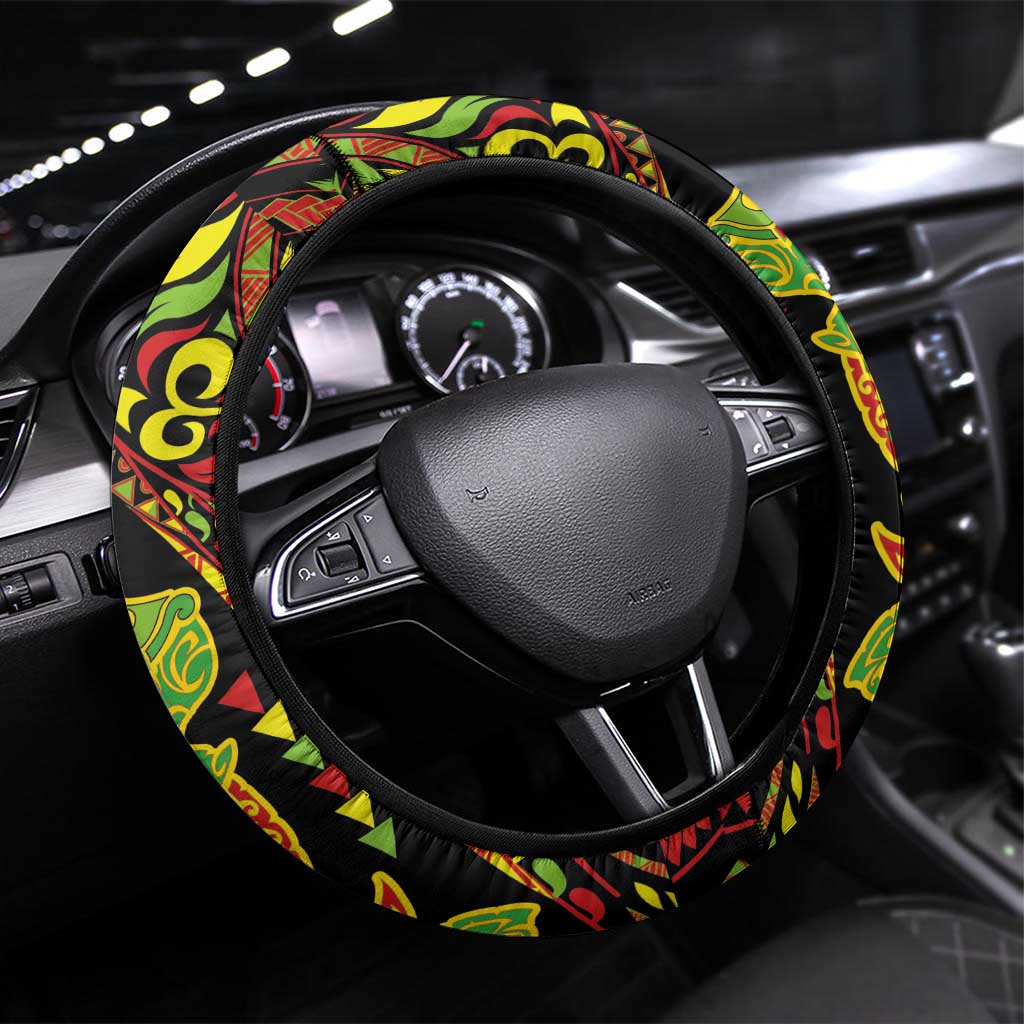 Hawaiian Manta Ray and Hammerhead Shark Tribal Tattoo Steering Wheel Cover with Polynesian Tribal Pattern Kanaka Maoli Flag Color