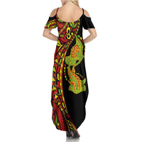 Hawaiian Manta Ray and Hammerhead Shark Tribal Tattoo Summer Maxi Dress with Polynesian Tribal Pattern Kanaka Maoli Flag Color