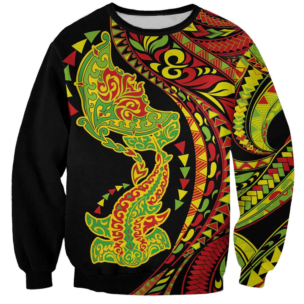 Hawaiian Manta Ray and Hammerhead Shark Tribal Tattoo Sweatshirt with Polynesian Tribal Pattern Kanaka Maoli Flag Color LT03 Unisex Multicolor - Polynesian Pride