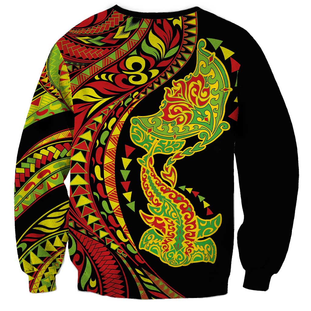 Hawaiian Manta Ray and Hammerhead Shark Tribal Tattoo Sweatshirt with Polynesian Tribal Pattern Kanaka Maoli Flag Color LT03 - Polynesian Pride