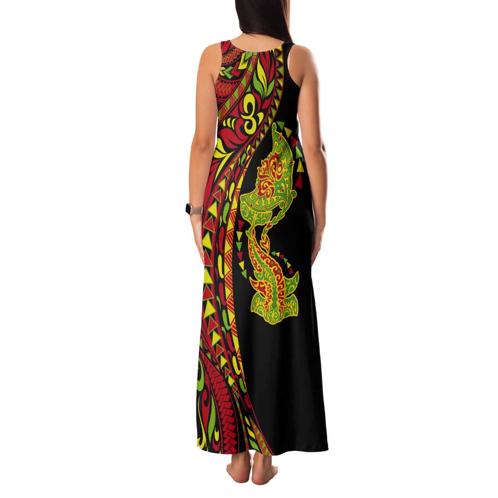 Hawaiian Manta Ray and Hammerhead Shark Tribal Tattoo Tank Maxi Dress with Polynesian Tribal Pattern Kanaka Maoli Flag Color